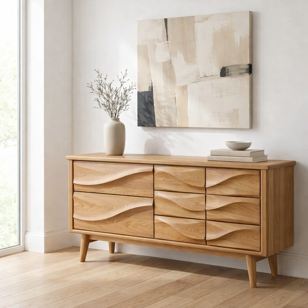 Solid Wood Console Table with Multi Drawer Wave Front Design for Modern Home