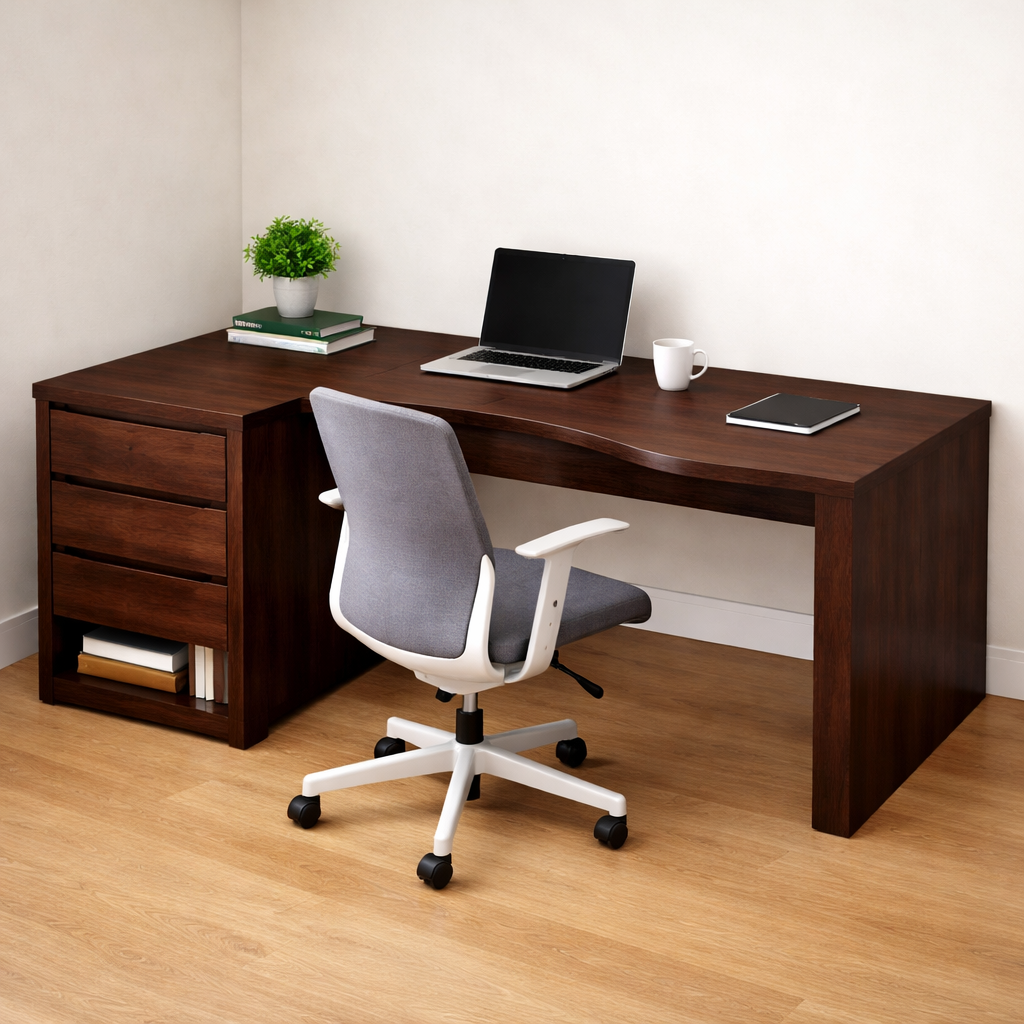 Solid Wood Study Desk with Storage Drawers and Curved Ergonomic Cutout