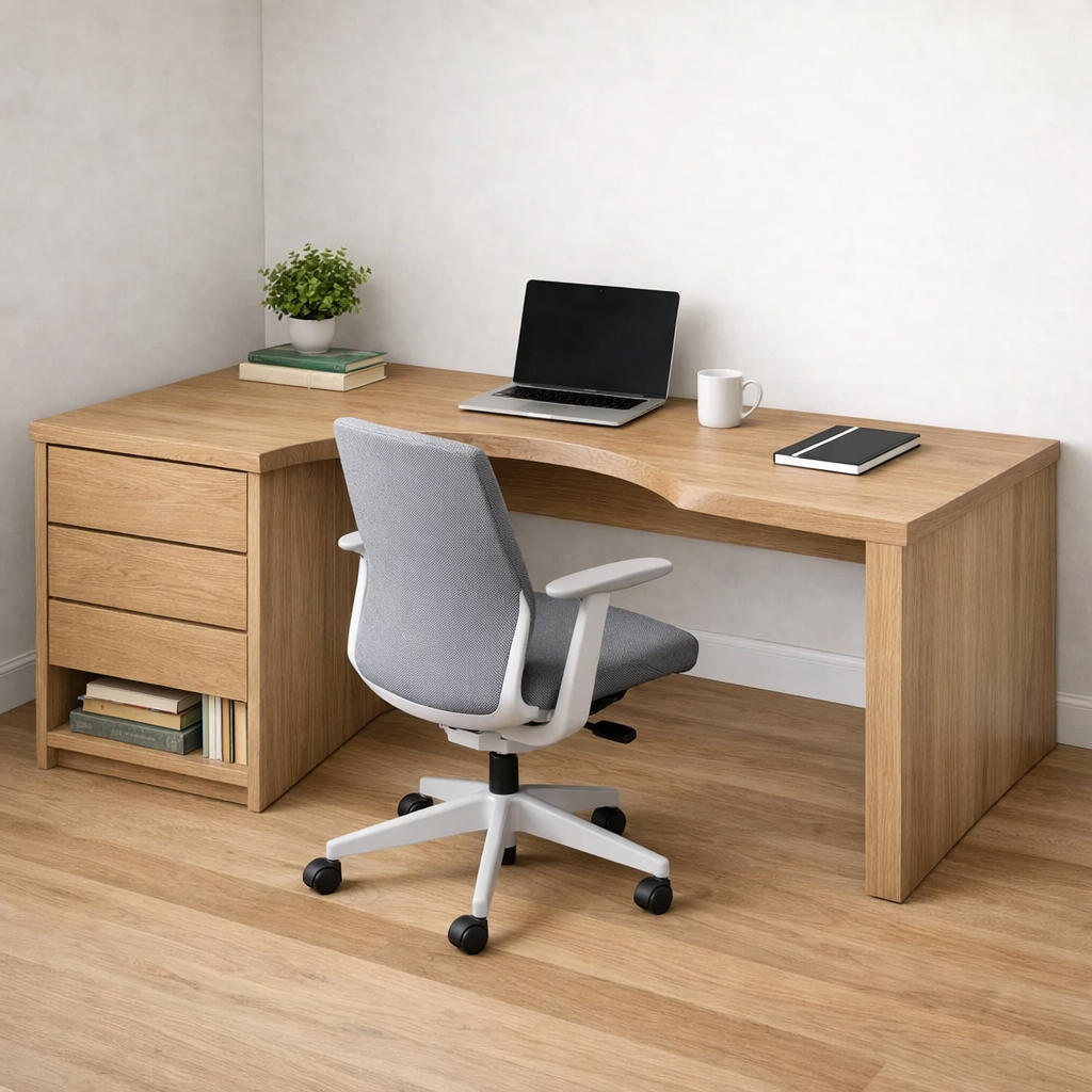 Solid Wood Study Desk with Storage Drawers and Curved Ergonomic Cutout