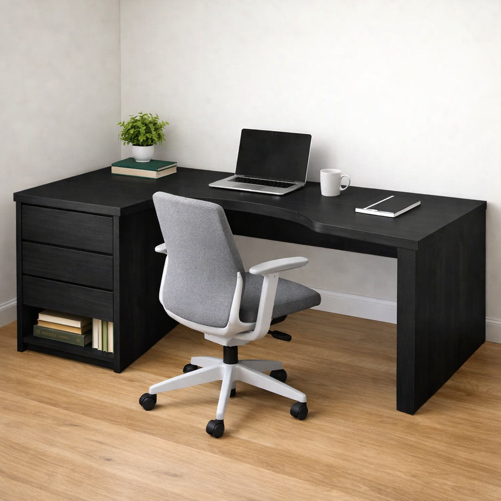 Solid Wood Study Desk with Storage Drawers and Curved Ergonomic Cutout