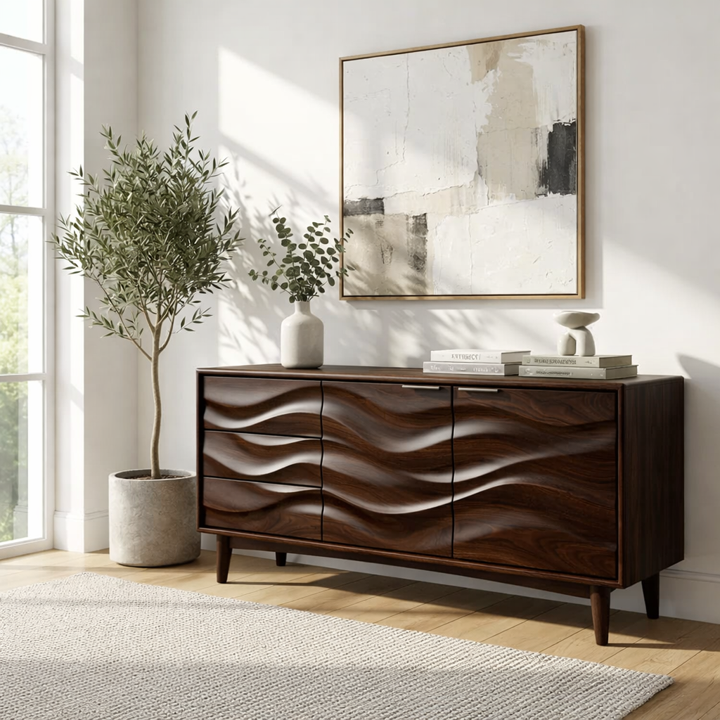 Solid Wood Console Table with Sculptural Wave Front Doors and Modern Storage Design