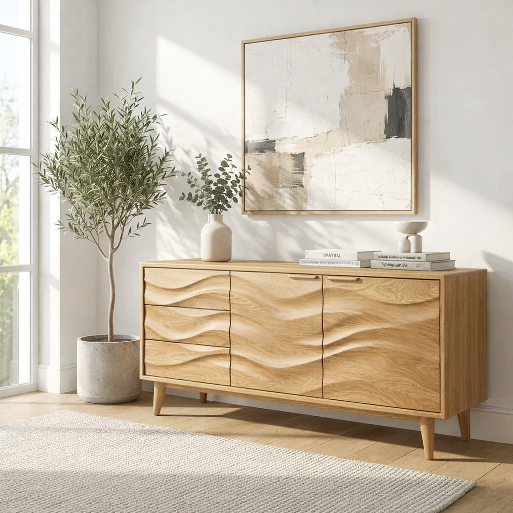 Solid Wood Console Table with Sculptural Wave Front Doors and Modern Storage Design