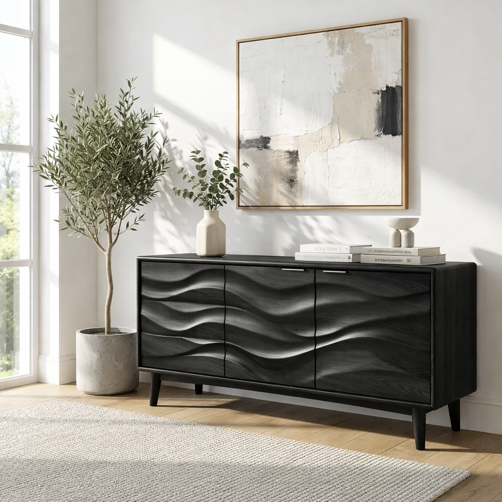 Solid Wood Console Table with Sculptural Wave Front Doors and Modern Storage Design