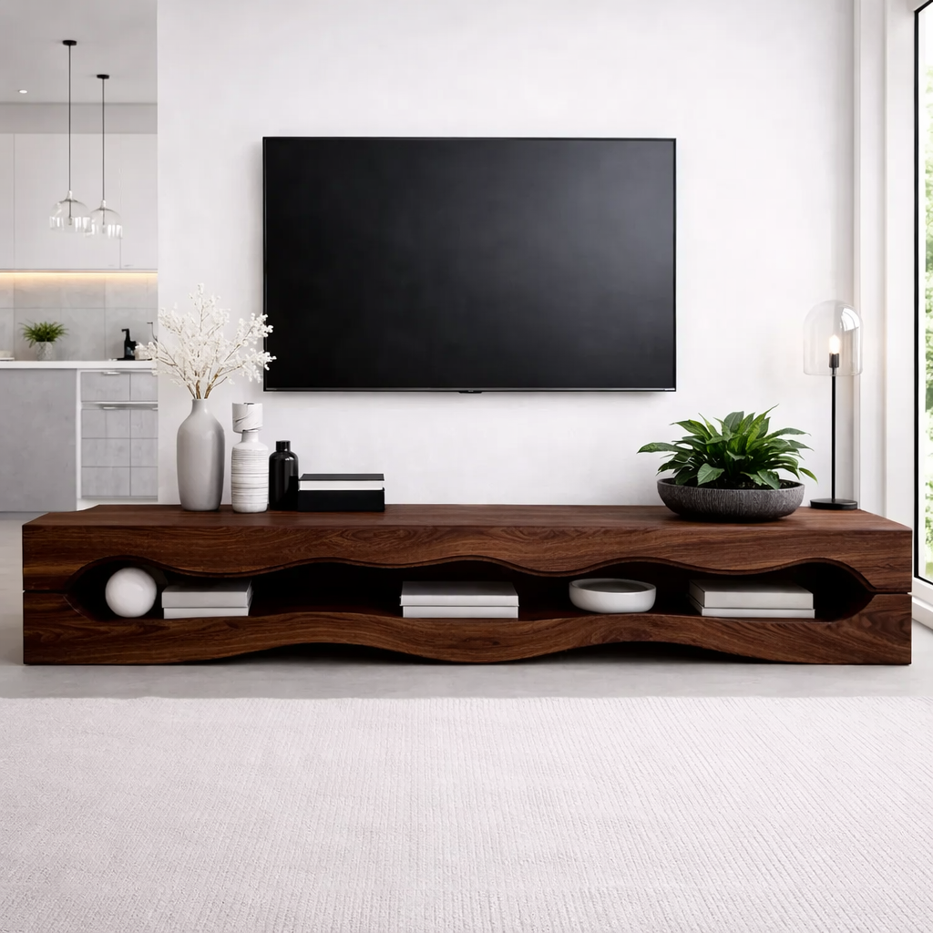 Solid Wood Wave TV Stand with Open Shelves for Modern Minimalist Living Room