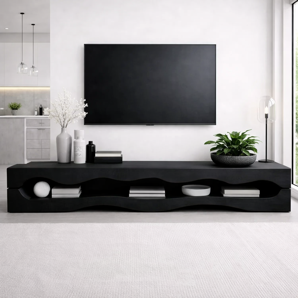 Solid Wood Wave TV Stand with Open Shelves for Modern Minimalist Living Room
