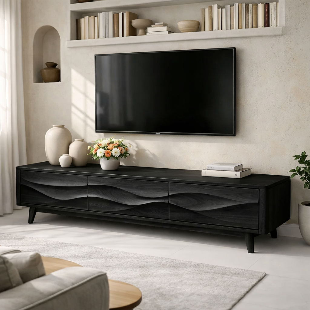 Solid Wood Wave Front TV Stand with Drawers for Modern Living Room