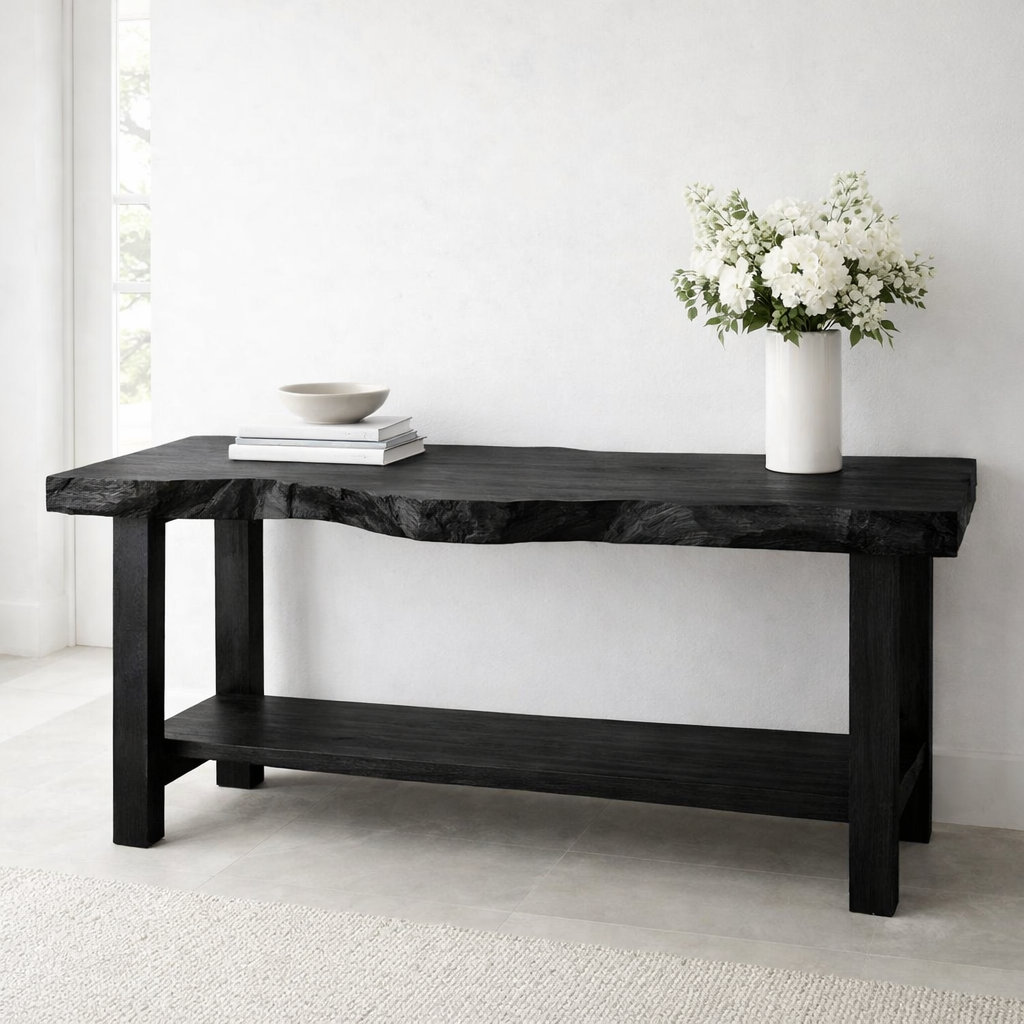 Solid Wood Console Table with Live Edge Top – Rustic Entryway & Sofa Table with Shelf