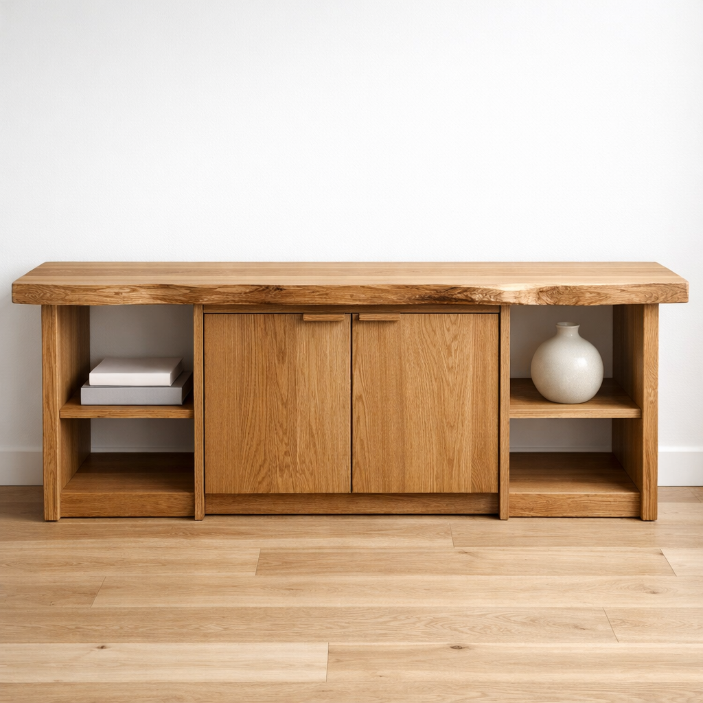 Solid Wood Console Table with Storage Cabinets & Shelves – Modern Rustic Entryway Table