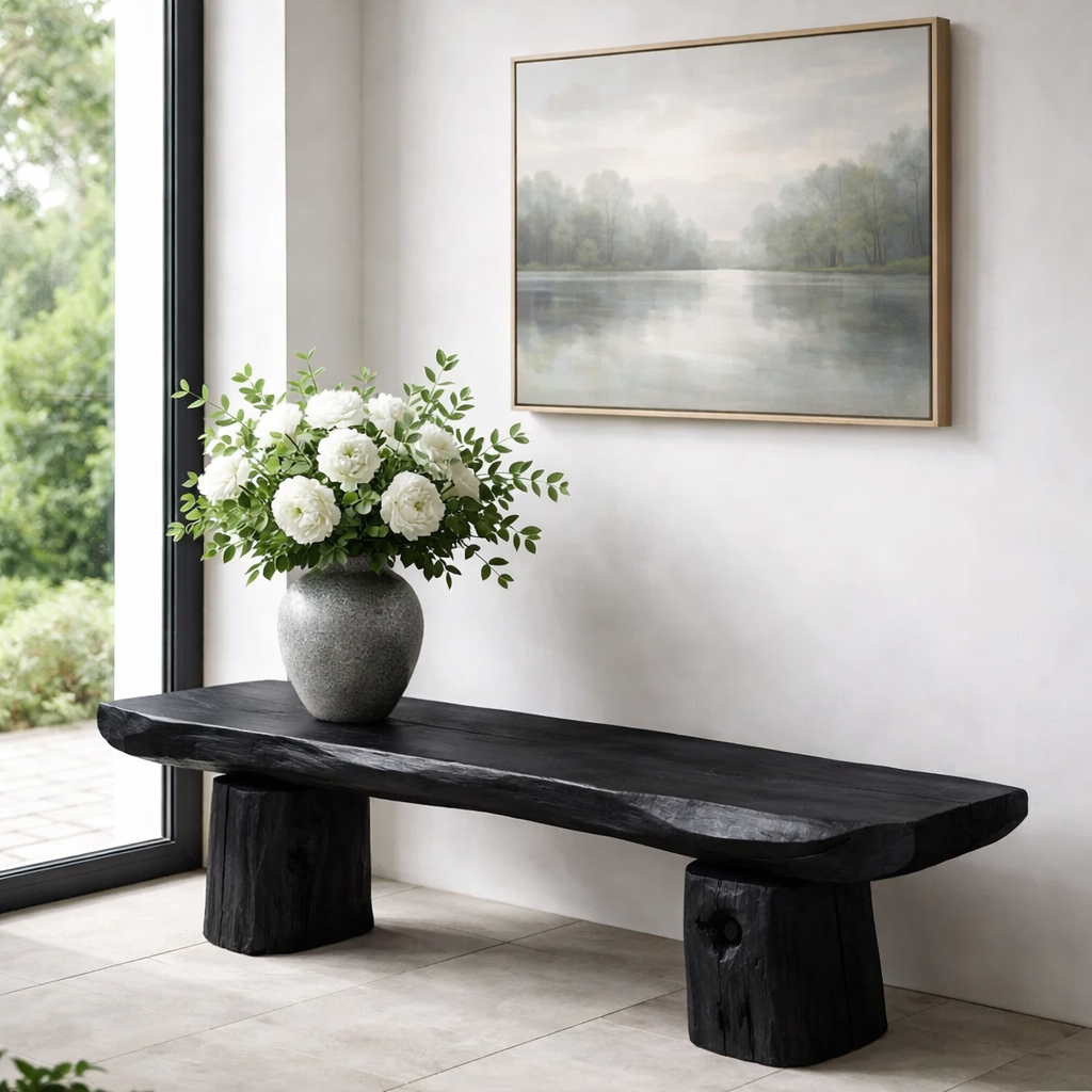Solid Wood Bench with Live Edge Top – Rustic Entryway & Minimalist Seating Bench