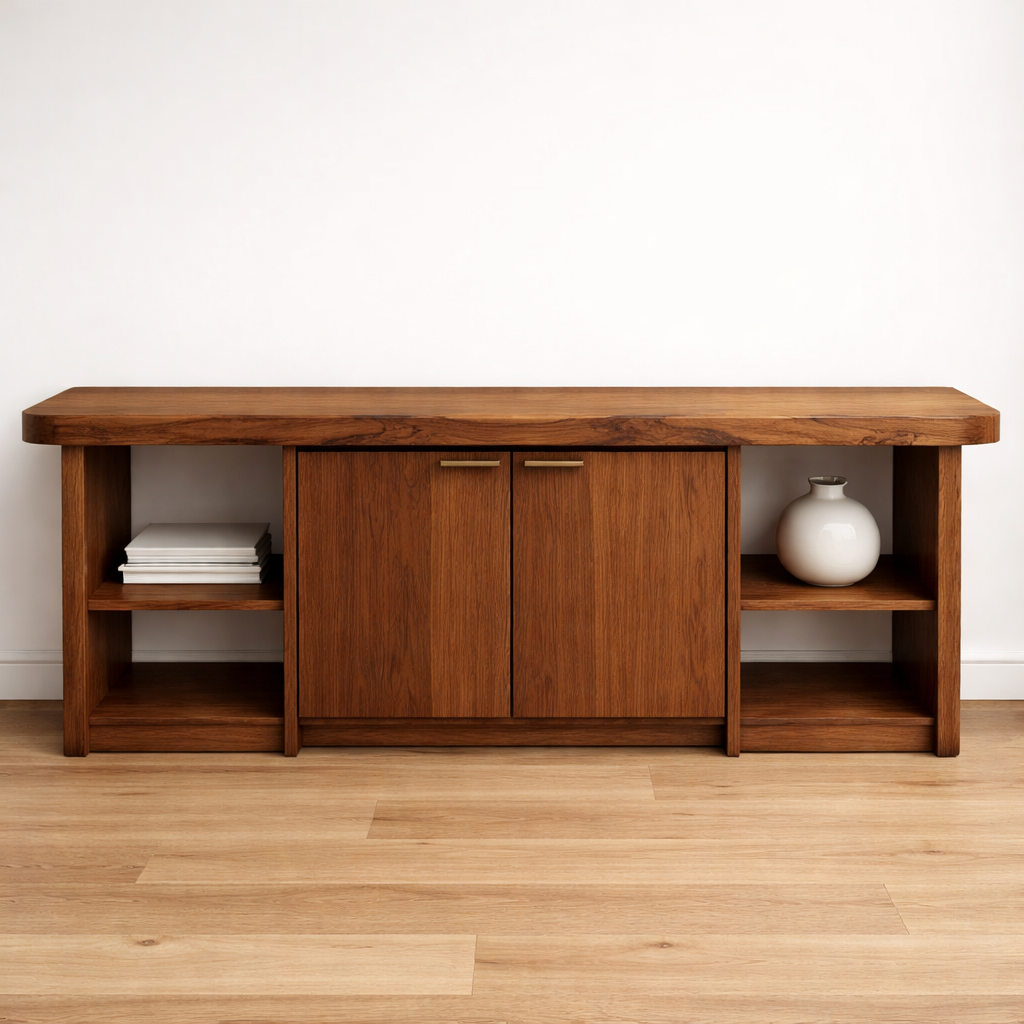 Solid Wood Console Table with Storage Cabinets & Shelves – Modern Rustic Entryway Table