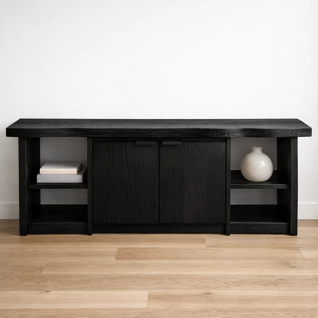 Solid Wood Console Table with Storage Cabinets & Shelves – Modern Rustic Entryway Table