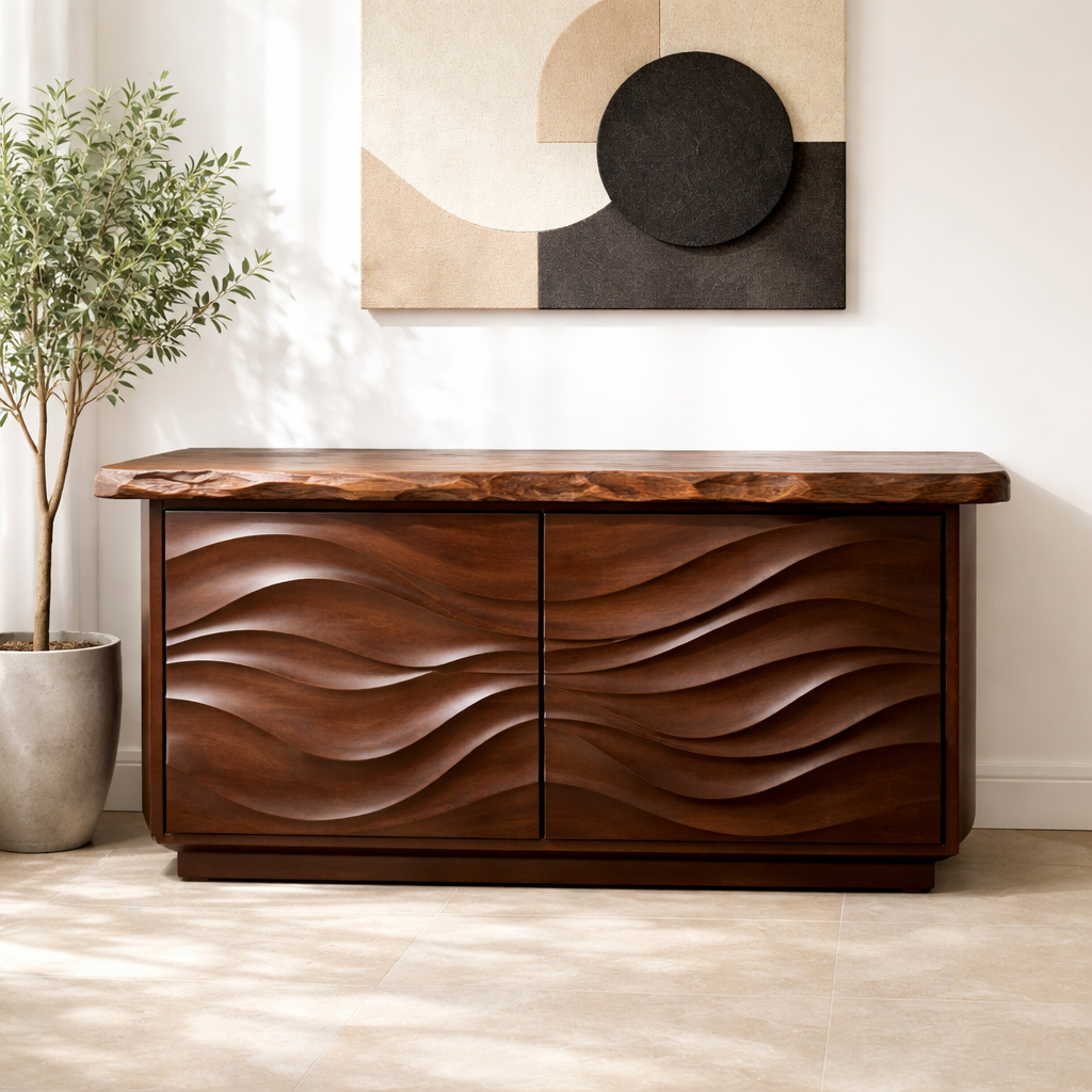 Solid Wood Console Table with Carved Wave Doors – Modern Sculptural Entryway Cabinet
