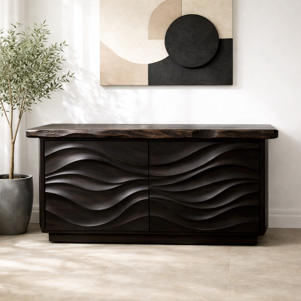 Solid Wood Console Table with Carved Wave Doors – Modern Sculptural Entryway Cabinet