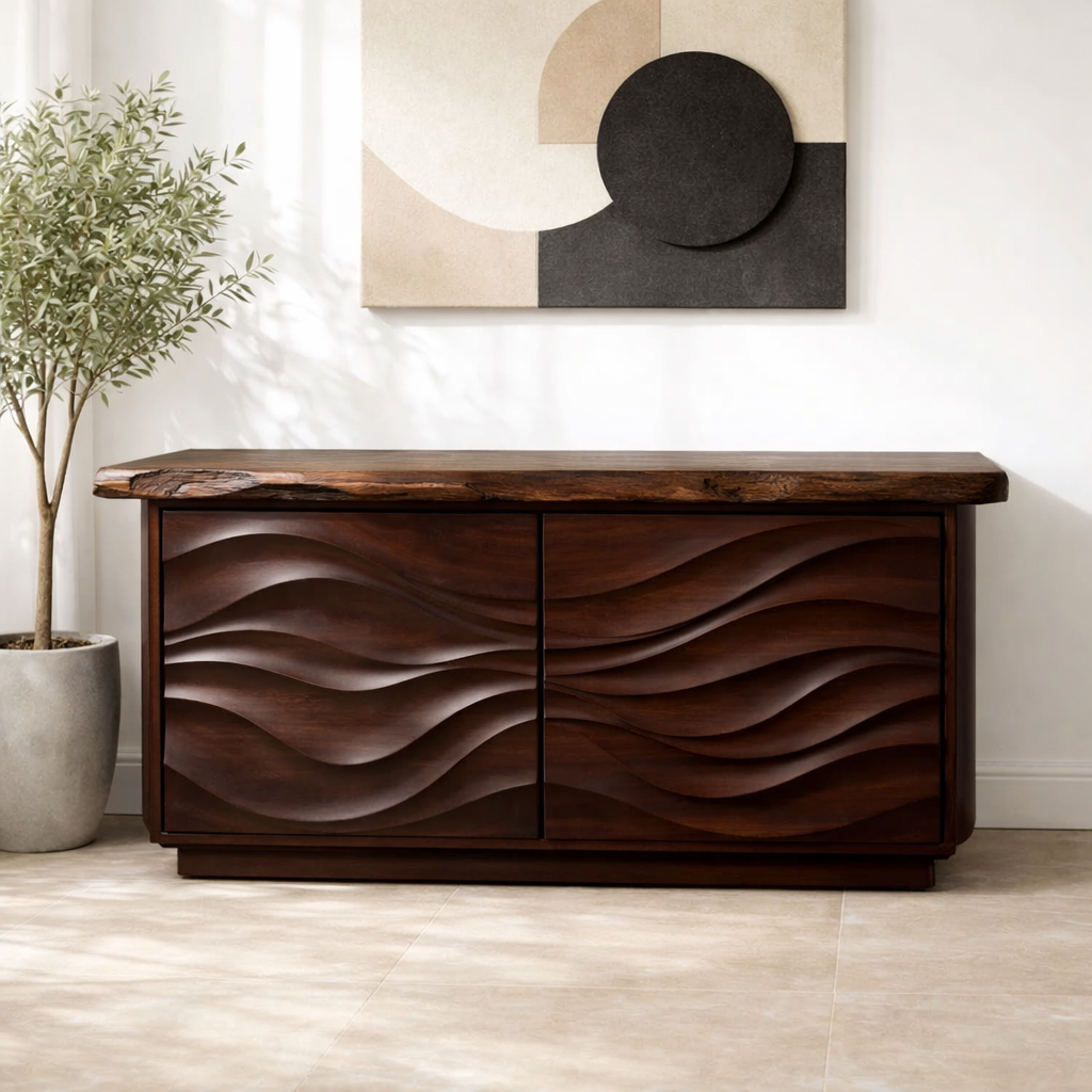 Solid Wood Console Table with Carved Wave Doors – Modern Sculptural Entryway Cabinet
