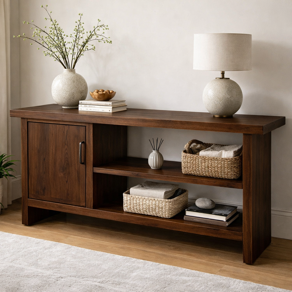 Solid Wood Console Table with Storage Shelf – Modern Entryway Cabinet with Door