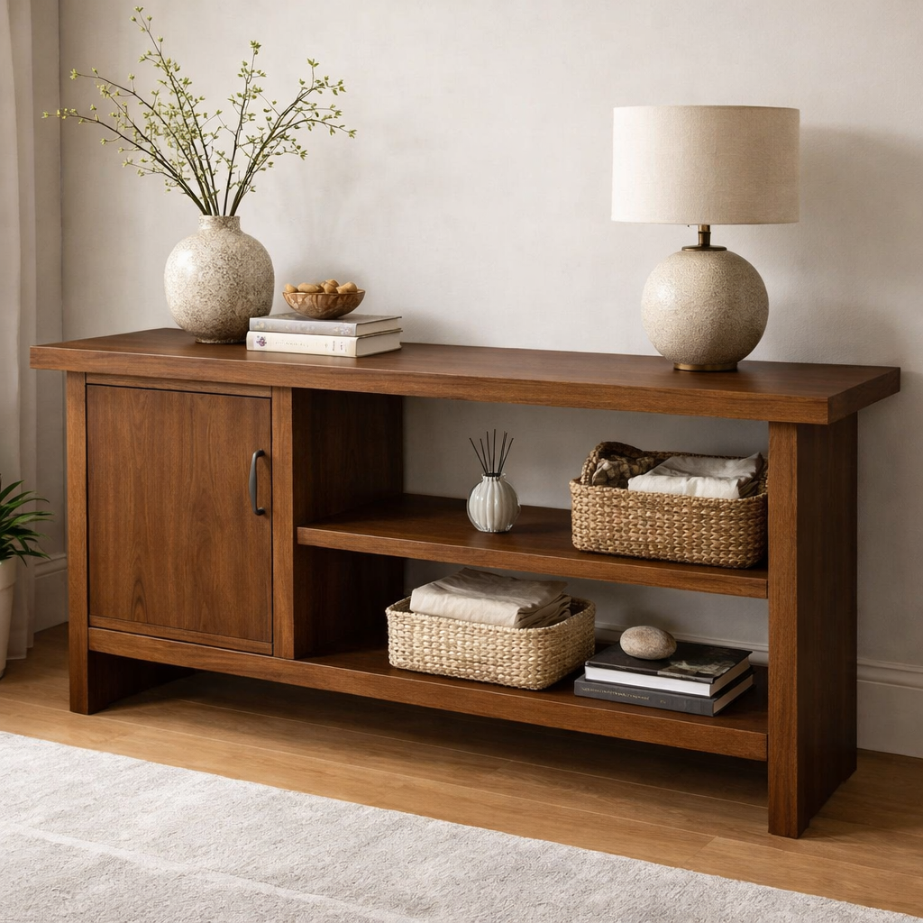 Solid Wood Console Table with Storage Shelf – Modern Entryway Cabinet with Door