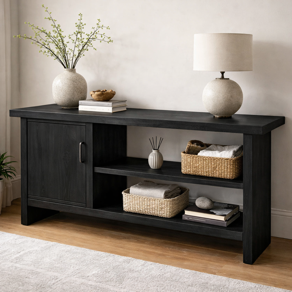 Solid Wood Console Table with Storage Shelf – Modern Entryway Cabinet with Door