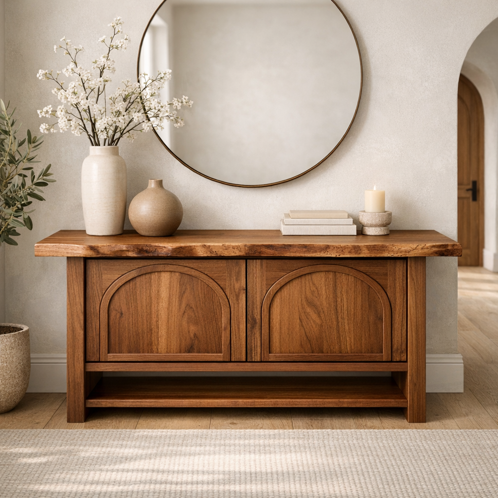 Solid Wood Console Cabinet – Rustic Entryway Storage Table with Arched Doors
