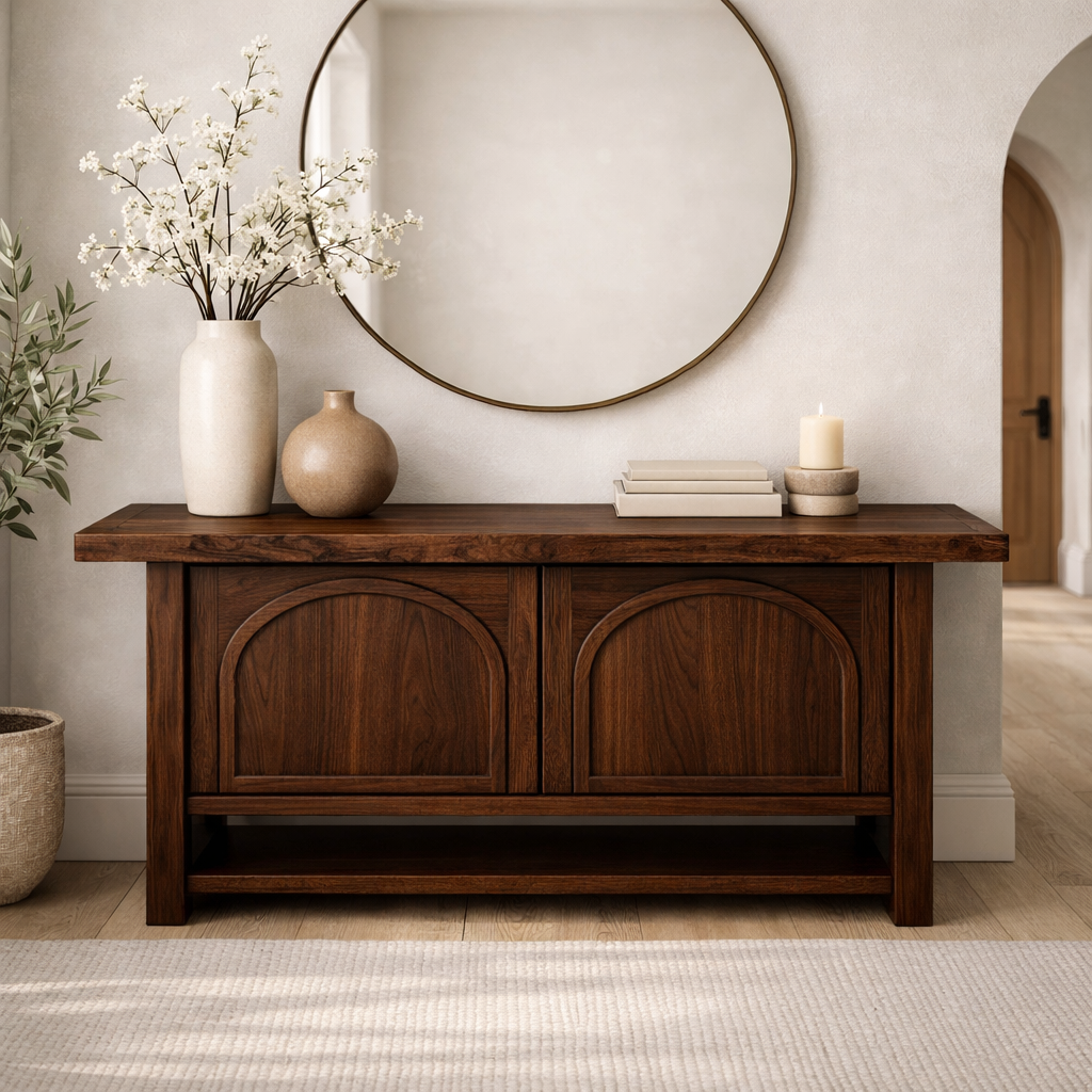 Solid Wood Console Cabinet – Rustic Entryway Storage Table with Arched Doors