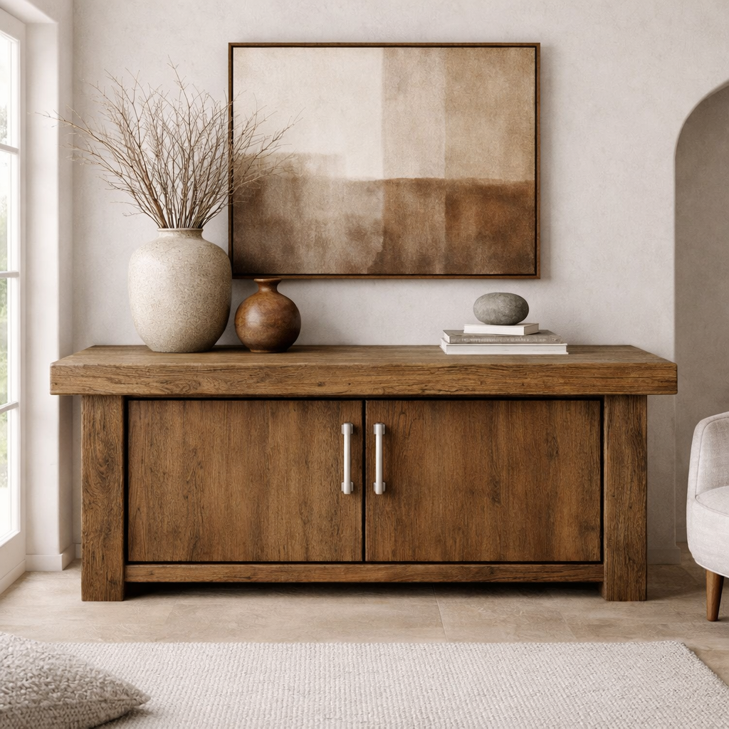 Solid Wood Console Cabinet – Modern Rustic Entryway Storage Table with Double Doors