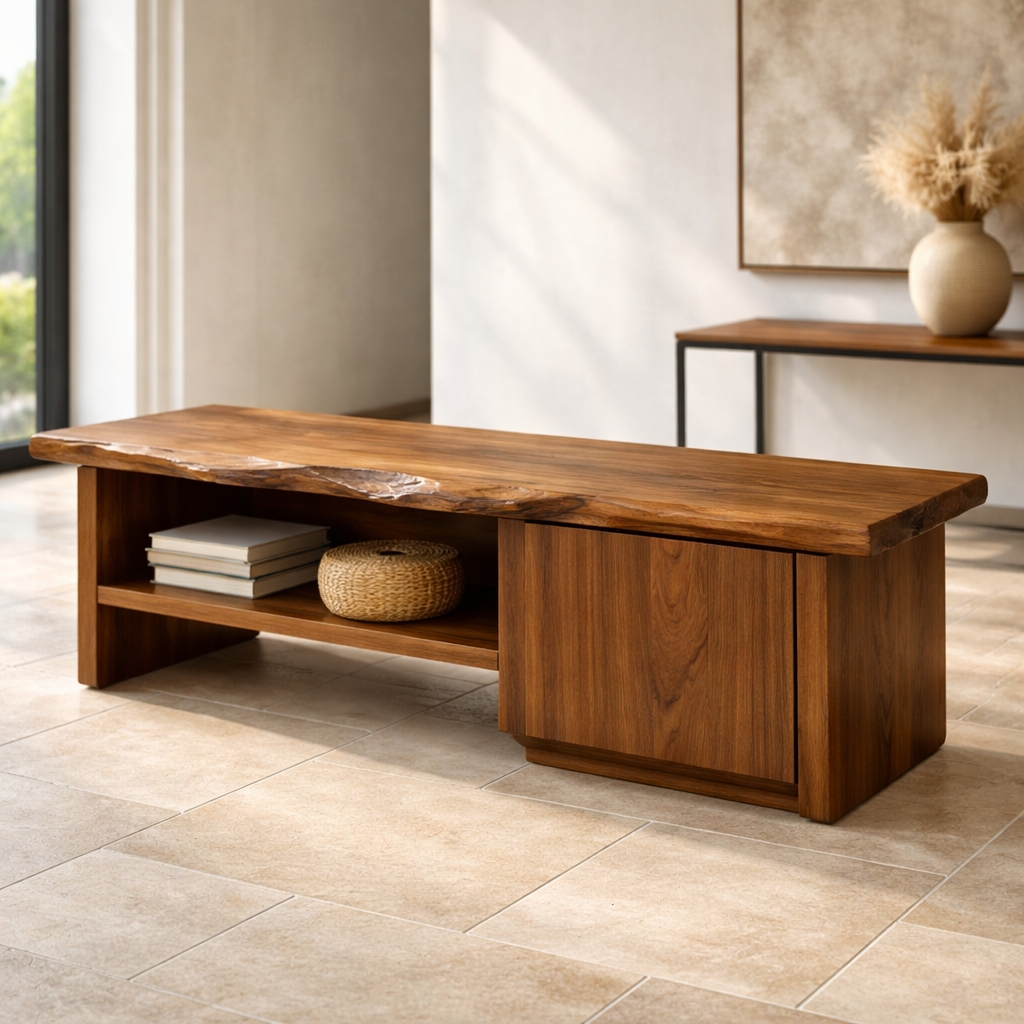 Solid Wood Entryway Bench with Storage Cabinet & Open Shelf – Rustic Modern Design