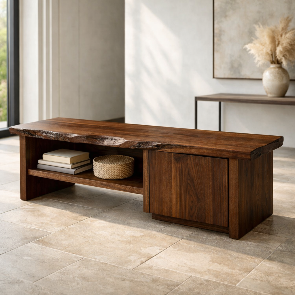 Solid Wood Entryway Bench with Storage Cabinet & Open Shelf – Rustic Modern Design