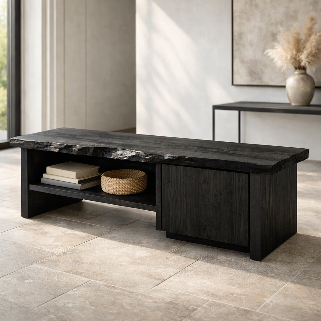 Solid Wood Entryway Bench with Storage Cabinet & Open Shelf – Rustic Modern Design