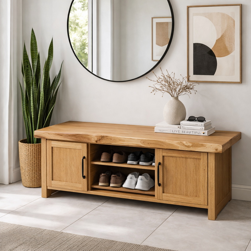 Solid Wood Entryway Bench with Cabinet & Open Shoe Storage – Rustic Modern Bench