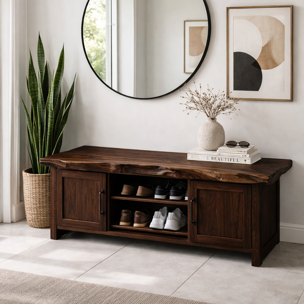 Solid Wood Entryway Bench with Cabinet & Open Shoe Storage – Rustic Modern Bench