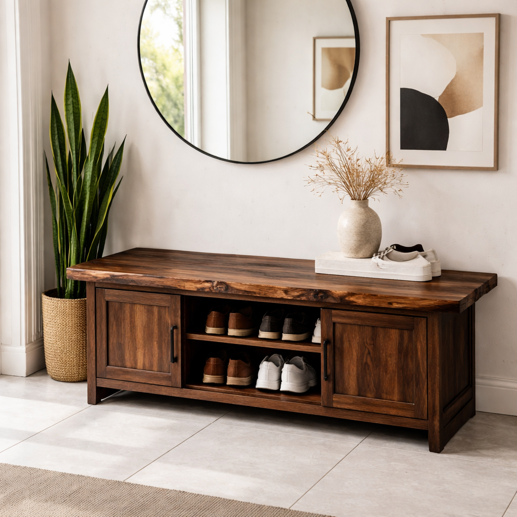 Solid Wood Entryway Bench with Cabinet & Open Shoe Storage – Rustic Modern Bench