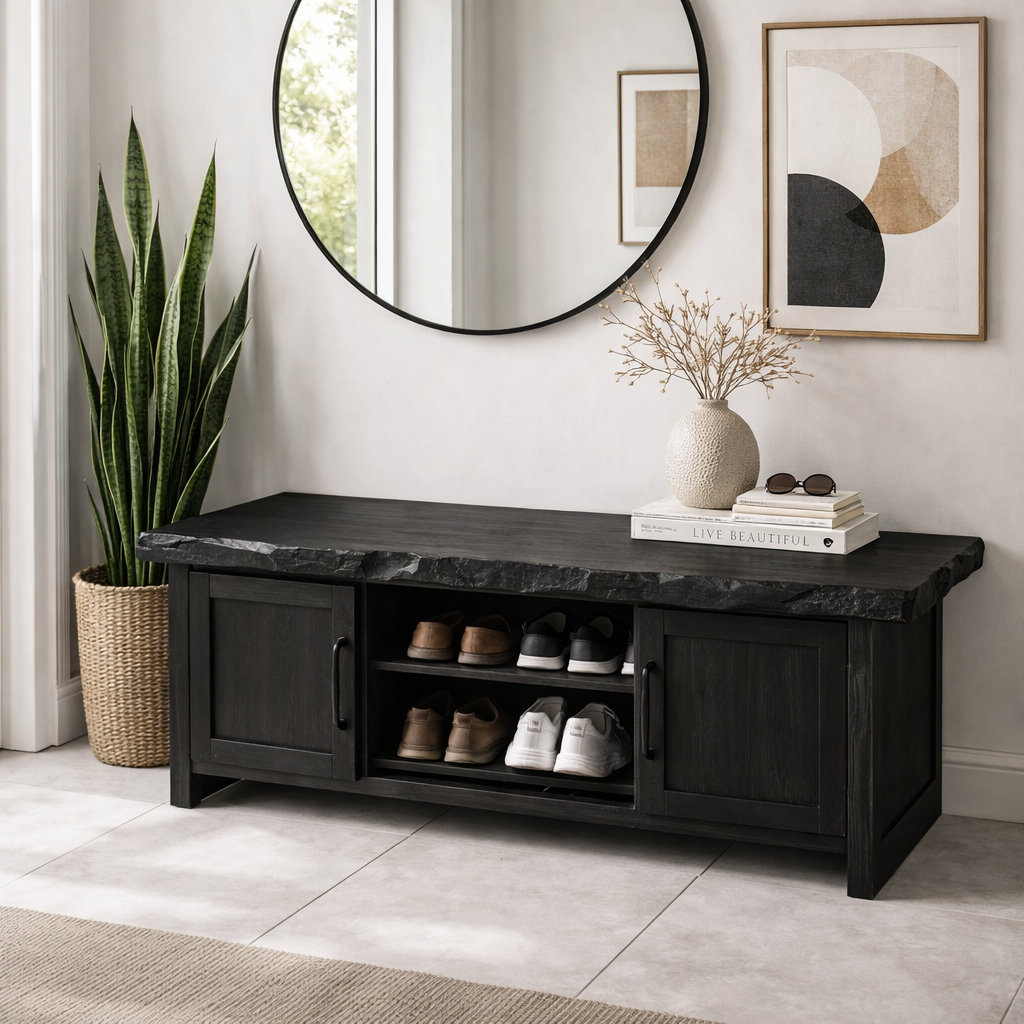 Solid Wood Entryway Bench with Cabinet & Open Shoe Storage – Rustic Modern Bench