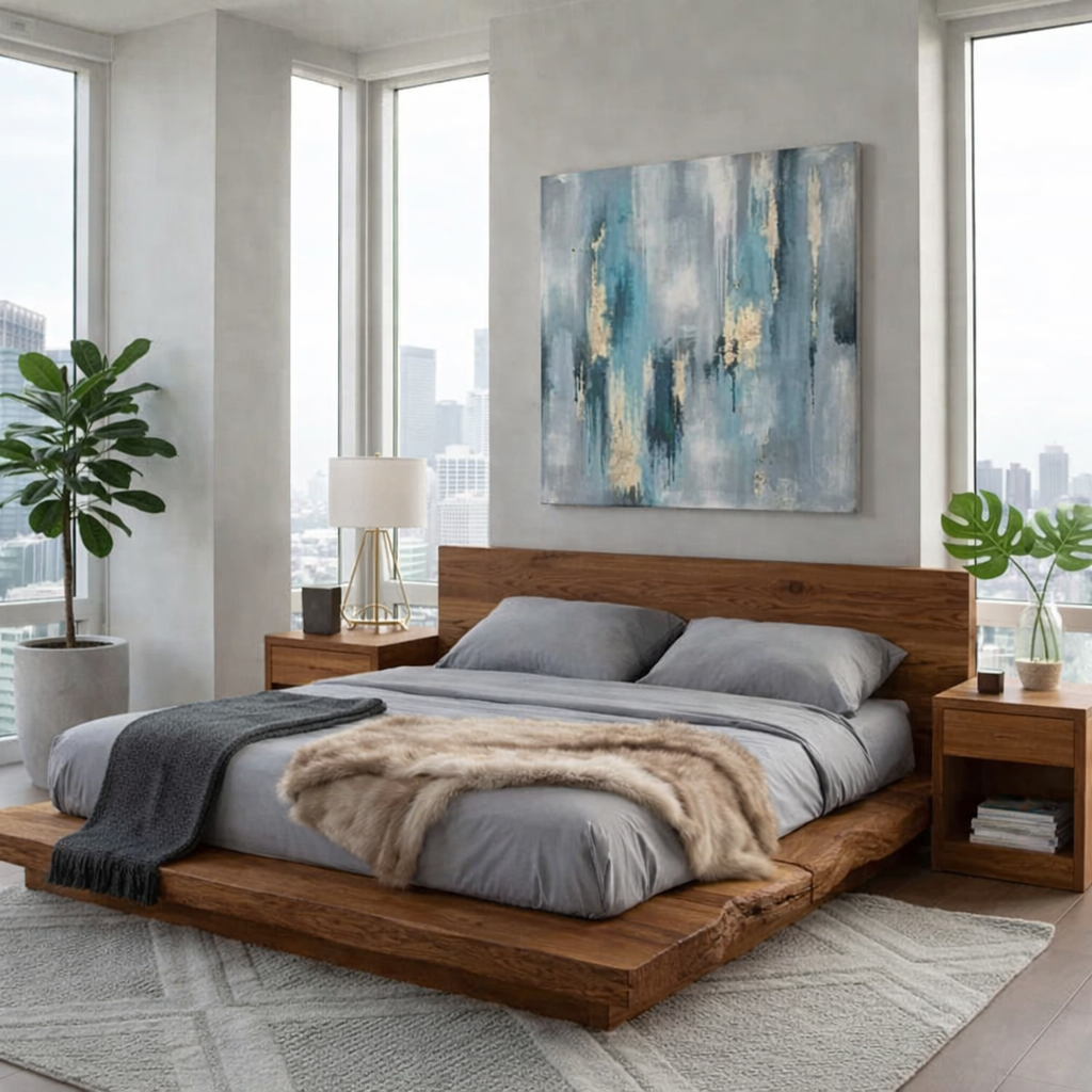 Handcrafted Live Edge Solid Wood Low Platform Bed with Minimalist Headboard