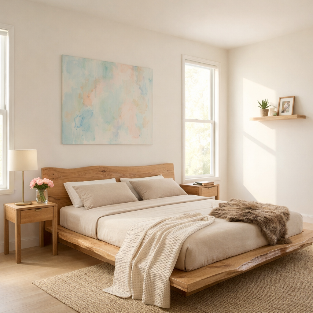 Handcrafted Live Edge Solid Wood Platform Bed, Rustic Modern Bed with Natural Headboard