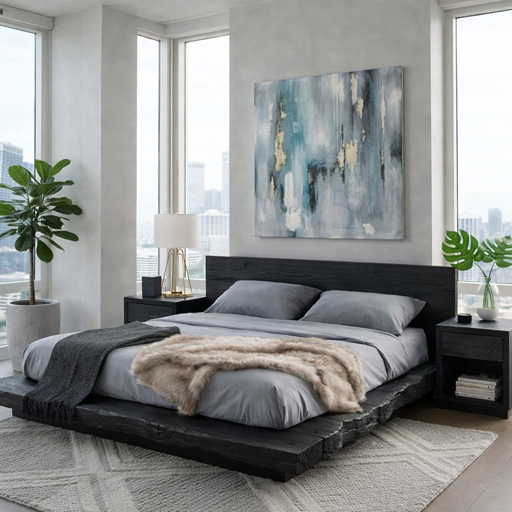 Handcrafted Live Edge Solid Wood Low Platform Bed with Minimalist Headboard