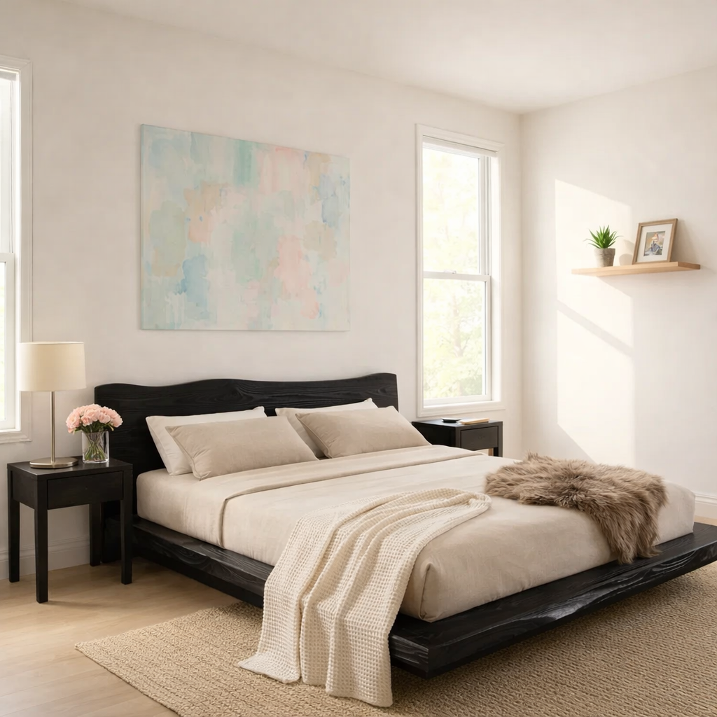 Handcrafted Live Edge Solid Wood Platform Bed, Rustic Modern Bed with Natural Headboard