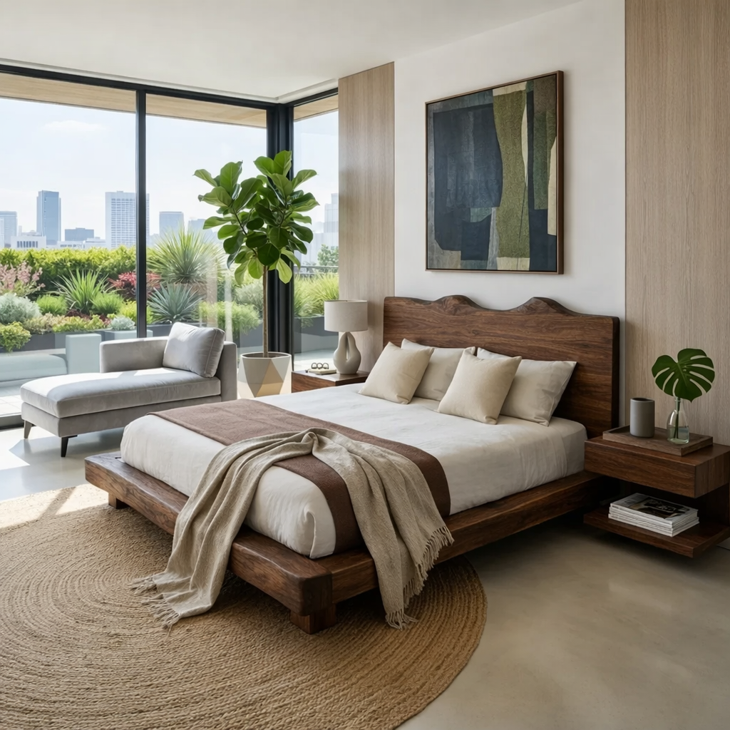 Handcrafted Live Edge Solid Wood Platform Bed, Rustic Organic Modern Bed with Headboard