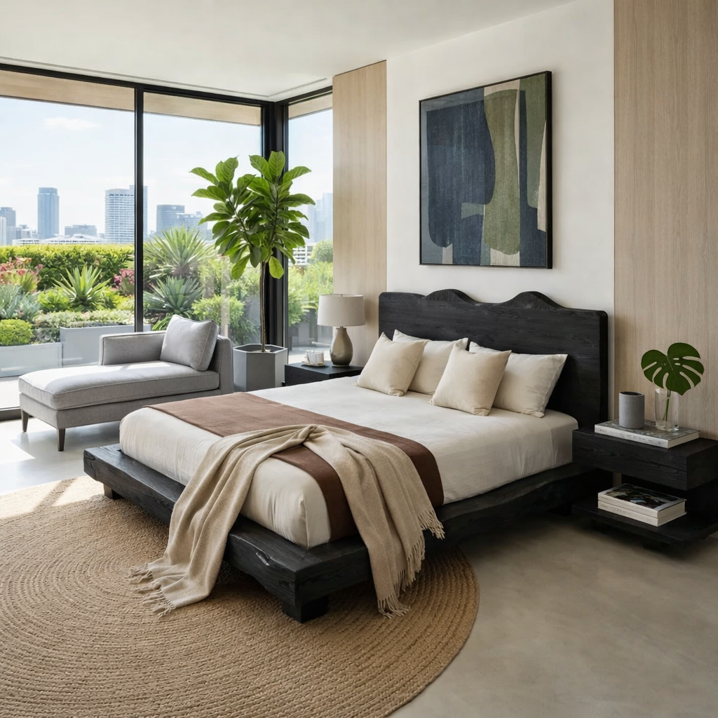 Handcrafted Live Edge Solid Wood Platform Bed, Rustic Organic Modern Bed with Headboard