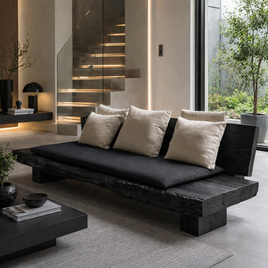 Live Edge Solid Wood Daybed, Rustic Organic Modern Sofa with Backrest