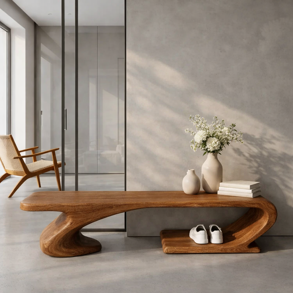 Solid Wood Sculptural Entryway Bench, Organic Wavy Minimalist Hallway Seat