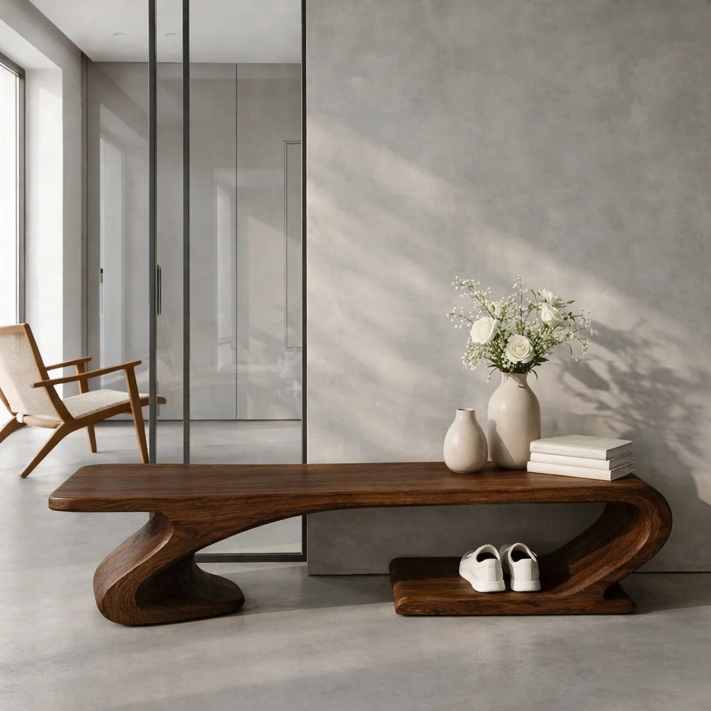 Solid Wood Sculptural Entryway Bench, Organic Wavy Minimalist Hallway Seat