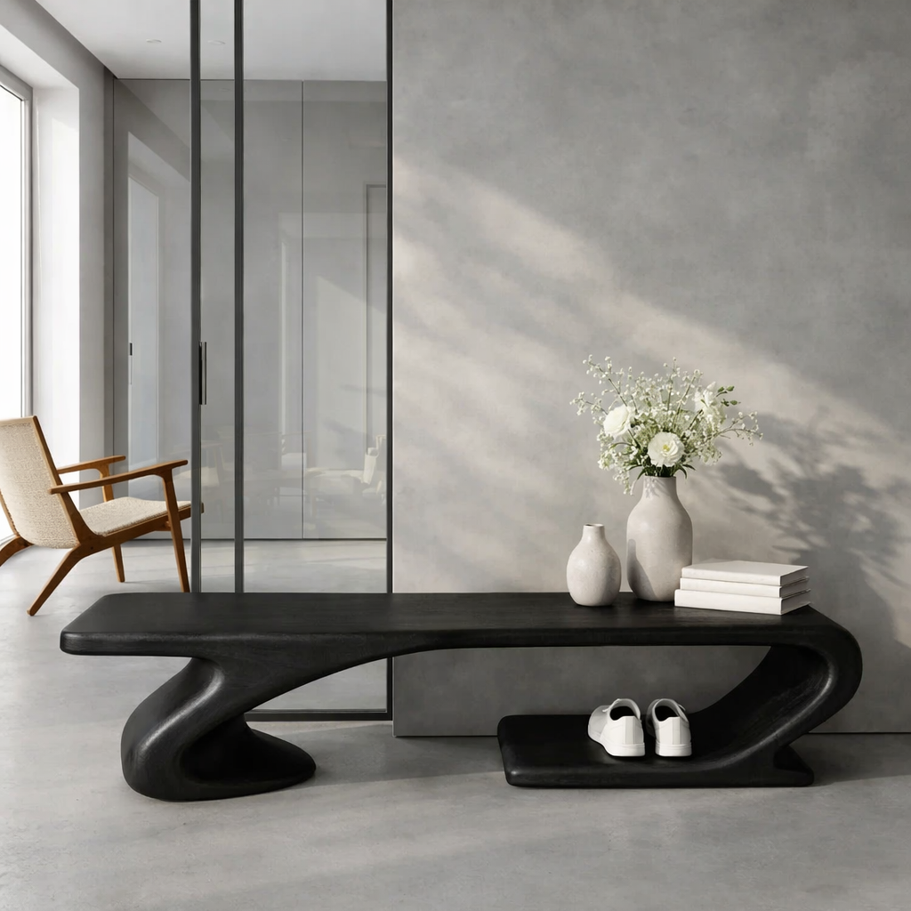 Solid Wood Sculptural Entryway Bench, Organic Wavy Minimalist Hallway Seat