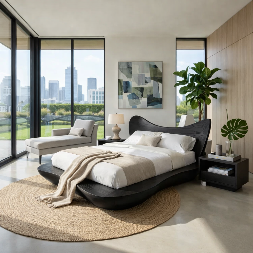 Handcrafted Solid Wood Sculptural Platform Bed, Organic Wavy Design Bed Frame