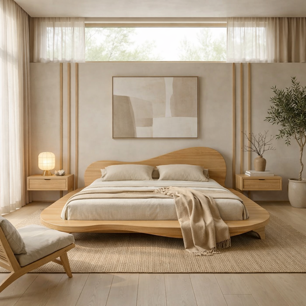 Handcrafted Solid Wood Sculptural Platform Bed, Organic Wavy Japandi Bed Frame