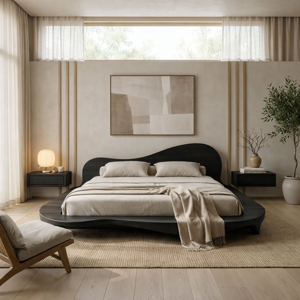 Handcrafted Solid Wood Sculptural Platform Bed, Organic Wavy Japandi Bed Frame