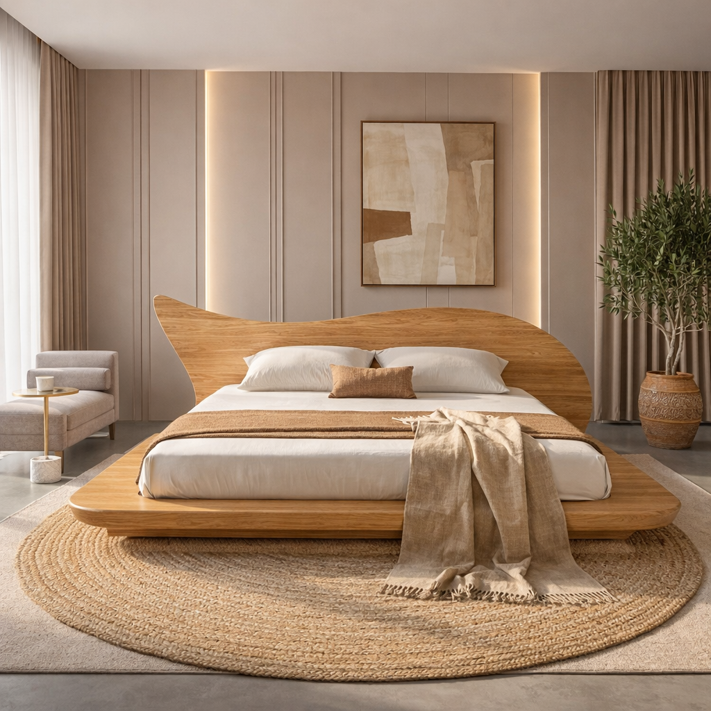 Solid Wood Platform Bed with Organic Curved Headboard – Modern Walnut Bed Frame, Luxury Minimalist Bedroom Furniture