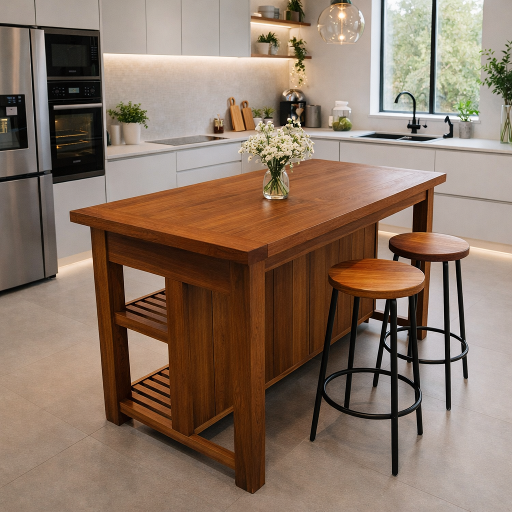 Solid Wood Kitchen Island Table with Storage Shelf – Rustic Modern Dining Island, Large Wooden Prep Table for Kitchen