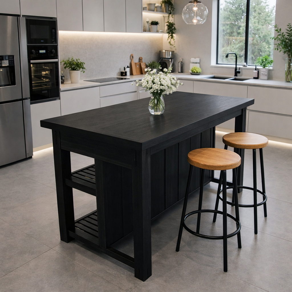 Solid Wood Kitchen Island Table with Storage Shelf – Rustic Modern Dining Island, Large Wooden Prep Table for Kitchen