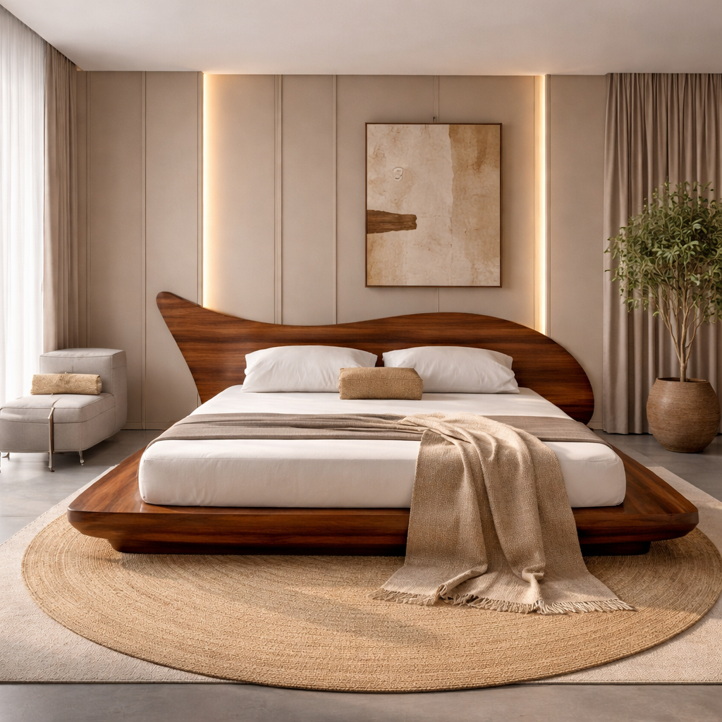 Solid Wood Platform Bed with Organic Curved Headboard – Modern Walnut Bed Frame, Luxury Minimalist Bedroom Furniture