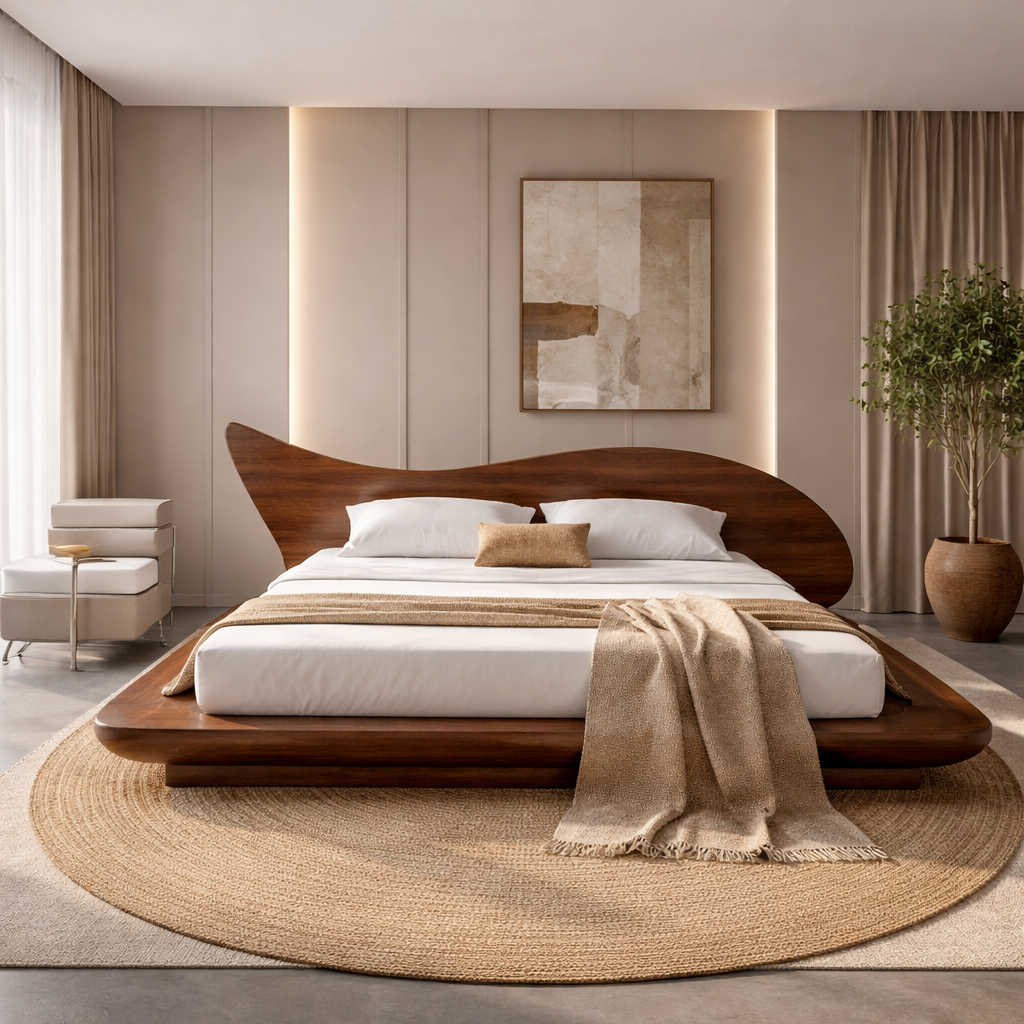 Solid Wood Platform Bed with Organic Curved Headboard – Modern Walnut Bed Frame, Luxury Minimalist Bedroom Furniture