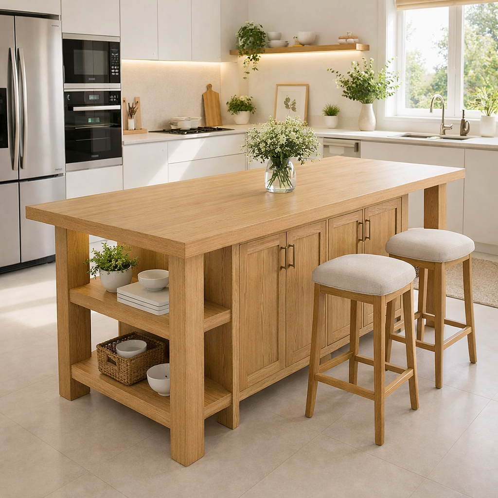 Solid Wood Kitchen Island with Seating & Storage – Rustic Walnut Dining Island Table with Cabinets & Open Shelves